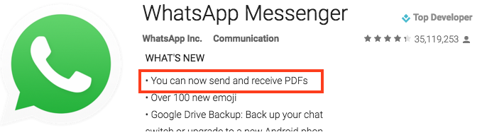 WhatsApp in the Android store indicating support for PDF.