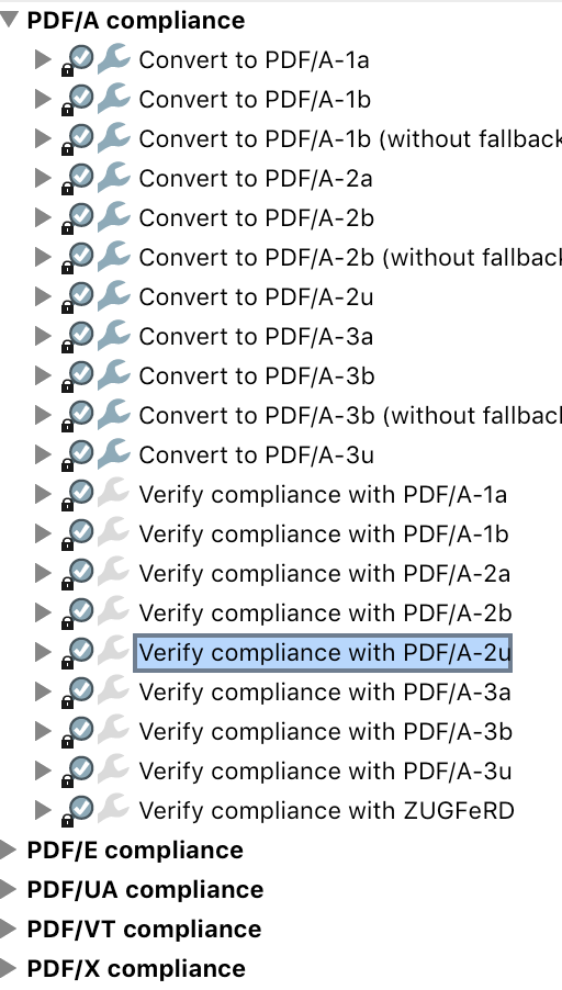 Screenshot of Preflight's list of PDF/A parts and conformance levels.