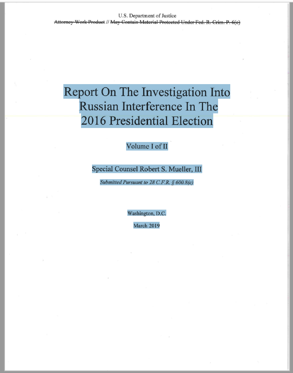 Screen shot of the cover of the Mueller Report