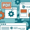 PDF in white letters on orange background with wheel gears and a screen with Rubika and Print Directory on teal background