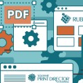 PDF in white letters on orange background with wheel gears and a screen with Rubika and Print Directory on teal background