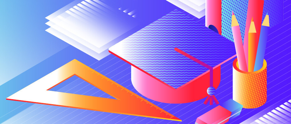 Abstract of desktop items pencils in pencil cup, folder, angle