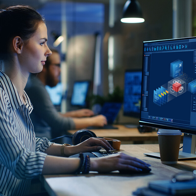 Woman in foreground with others beside her looking at a computer monitor