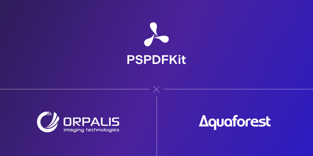 PSPDFKit logo on top of logos for Orpalis and Aquaforest all print in white on a purple background