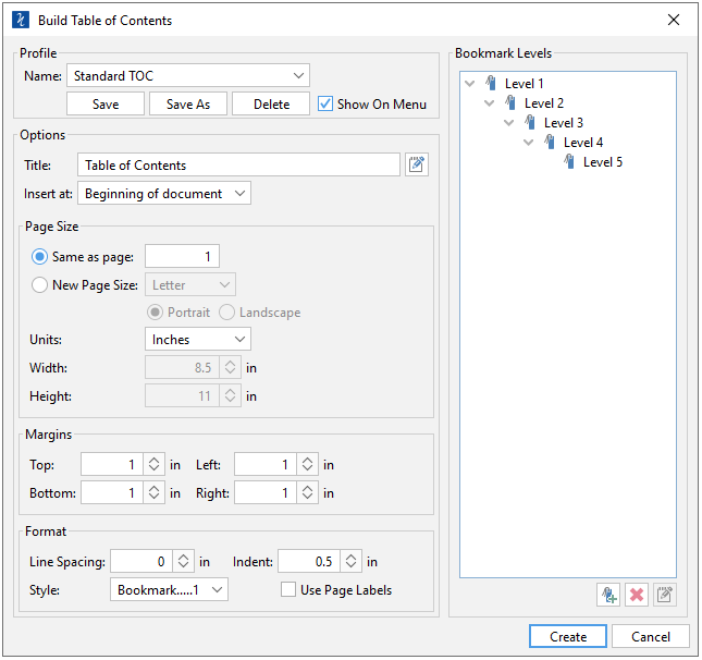 PDF Studio table of contents screen