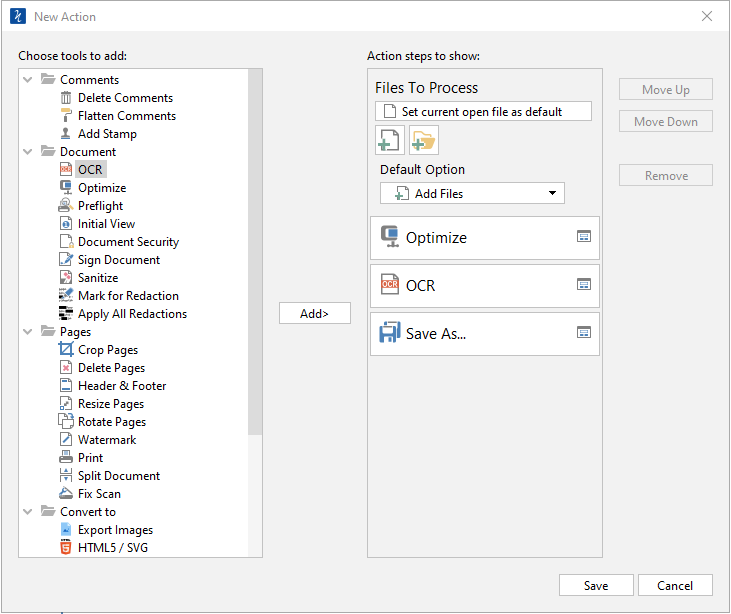 Computer screen for optimizing PDF files using PDF studio action wizard