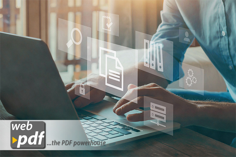 Person typing on a laptop with images of documents floating and web pdf logo