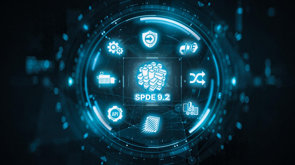 SPDE 9.2 in center with API symbol, JDF symbol, gears and other symbols around it
