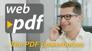 Web pdf in white letters on charcoal square with a man smiling wearing glasses and on a phone and ...The PDF powerhouse at the bottom of the image