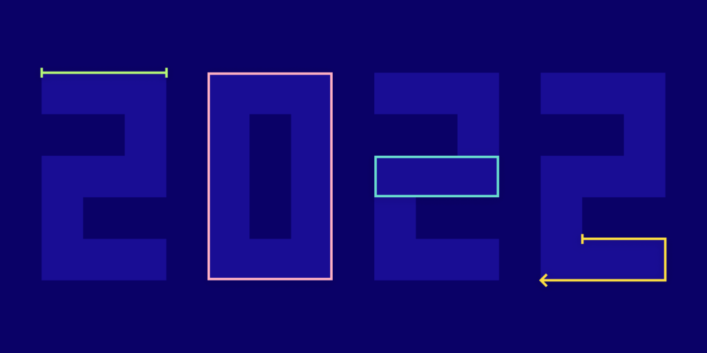 Dark purple background with squares and rectangles outlined in light blue, orange, green and other colors