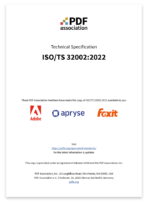 PDF Association cover for ISO TS 32002 sponsored by Adobe, Apryse and Foxit.